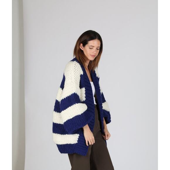 I LOVE MR. MITTENS Bell Sleeve Navy Cream Stripe Cardigan One Size - Picture 2 of 7